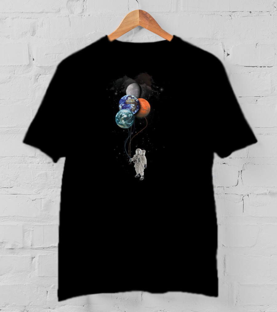 Astronaut Floating With Moon Earth And Mars Planet Balloons T-Shirt
