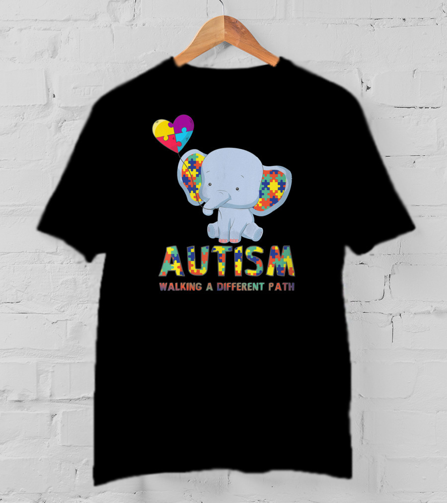 Autism Puzzle Piece Elephant Walking A Different Path T-Shirt