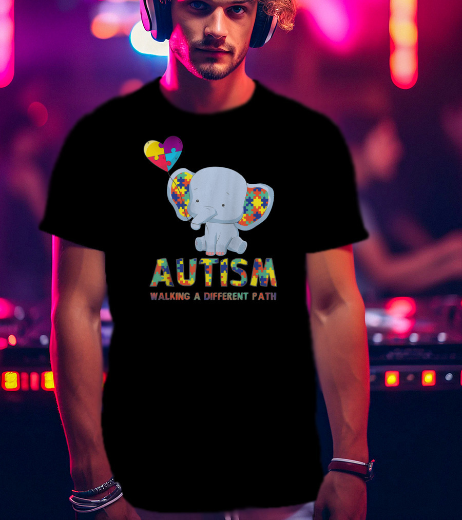 Autism Puzzle Piece Elephant Walking A Different Path T-Shirt