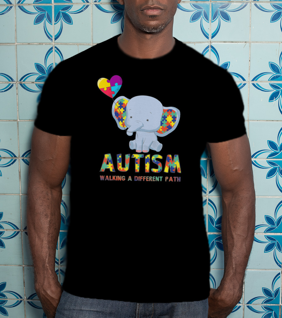 Autism Puzzle Piece Elephant Walking A Different Path T-Shirt
