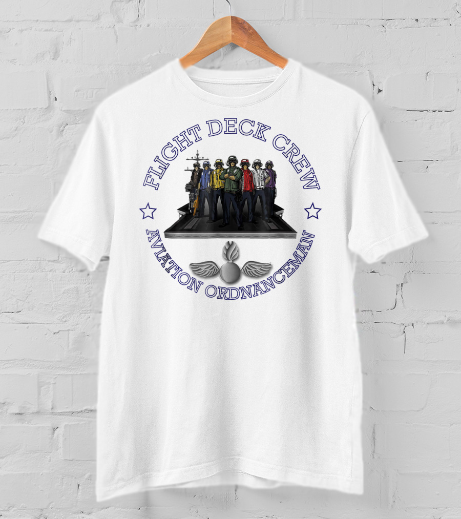 Flight Deck Crew Aviation Ordnanceman Team With Aircraft Carrier Background T-Shirt