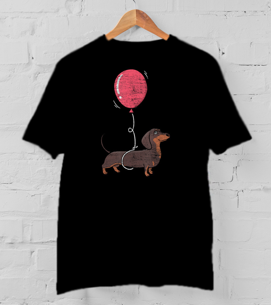 Balloon Dachshund Sketch With Red Balloon And Brown Dog Balloon Dachshund T-Shirt