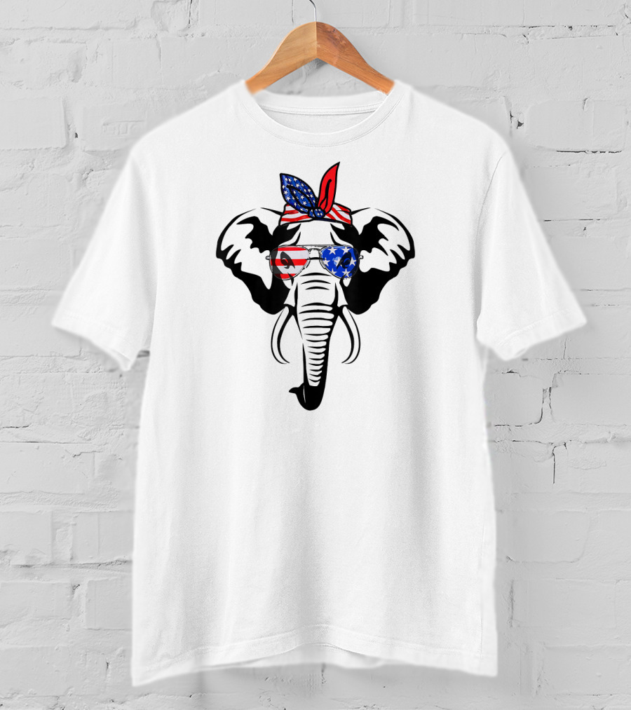 Elephant Wearing American Flag Glasses And Bandana T-Shirt