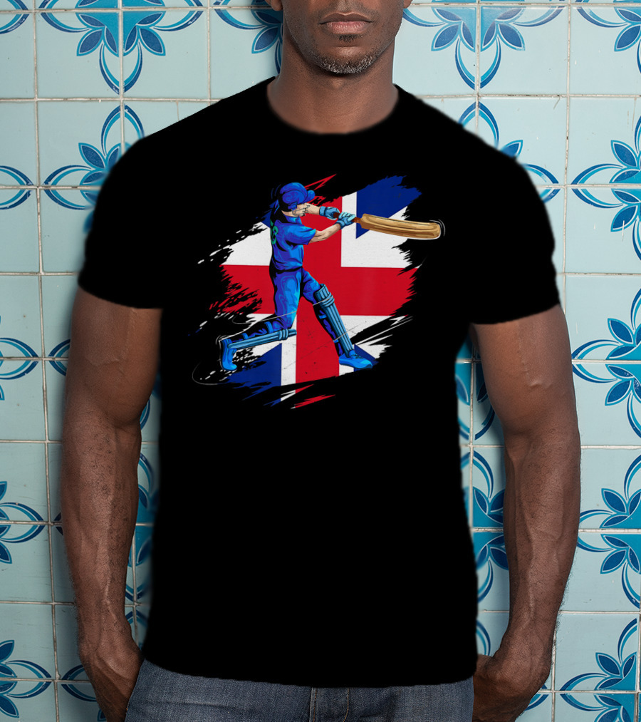 England Cricket Team English Cricket Batter Union Jack Background T-Shirt