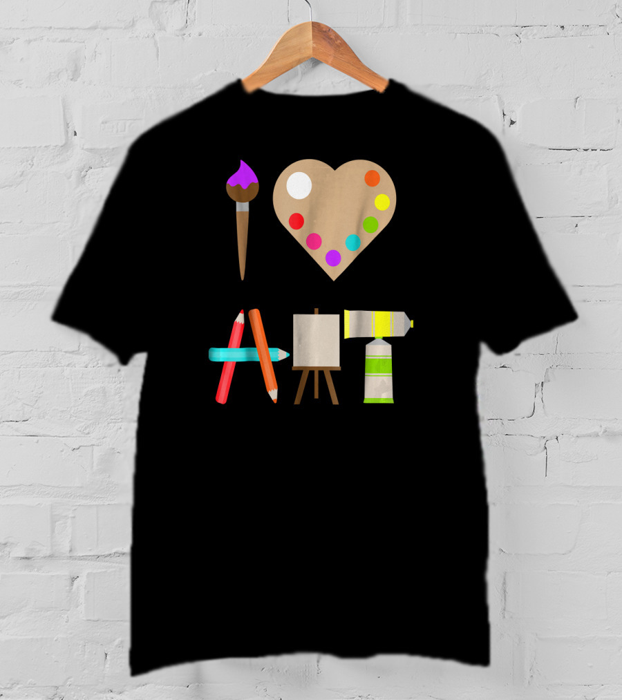 I Love Art Fun Colorful Future Artist Heart Palette Paintbrush Pencils Easel Tube T-Shirt
