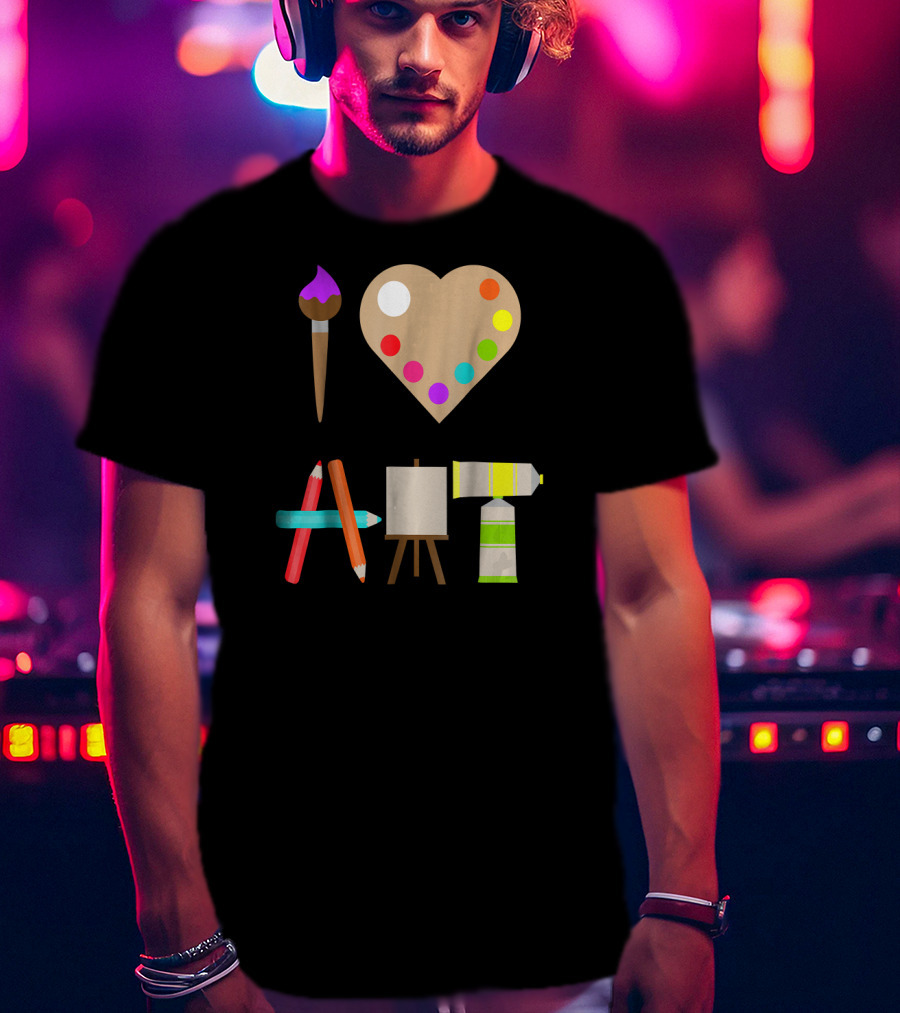 I Love Art Fun Colorful Future Artist Heart Palette Paintbrush Pencils Easel Tube T-Shirt
