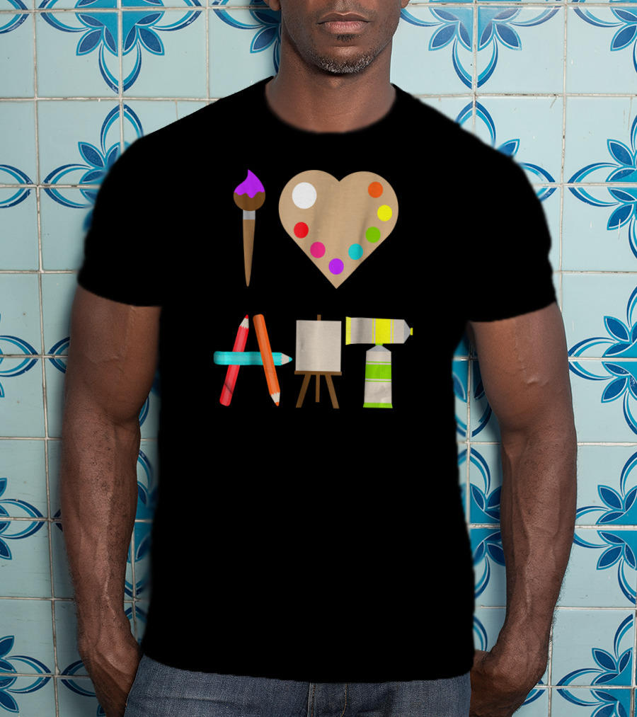 I Love Art Fun Colorful Future Artist Heart Palette Paintbrush Pencils Easel Tube T-Shirt