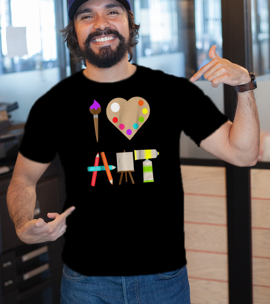 I Love Art Fun Colorful Future Artist Heart Palette Paintbrush Pencils Easel Tube T-Shirt