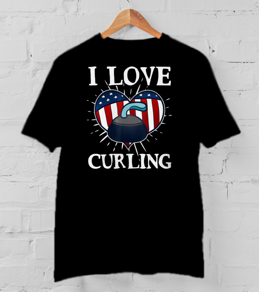 I Love Curling Funny Awesome Ice Sport Love USA Flag Heart T-Shirt