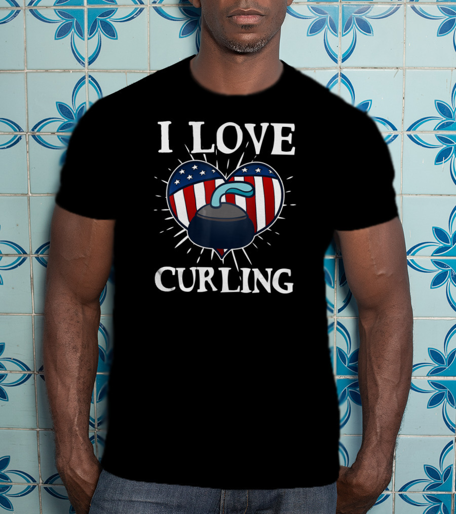 I Love Curling Funny Awesome Ice Sport Love USA Flag Heart T-Shirt
