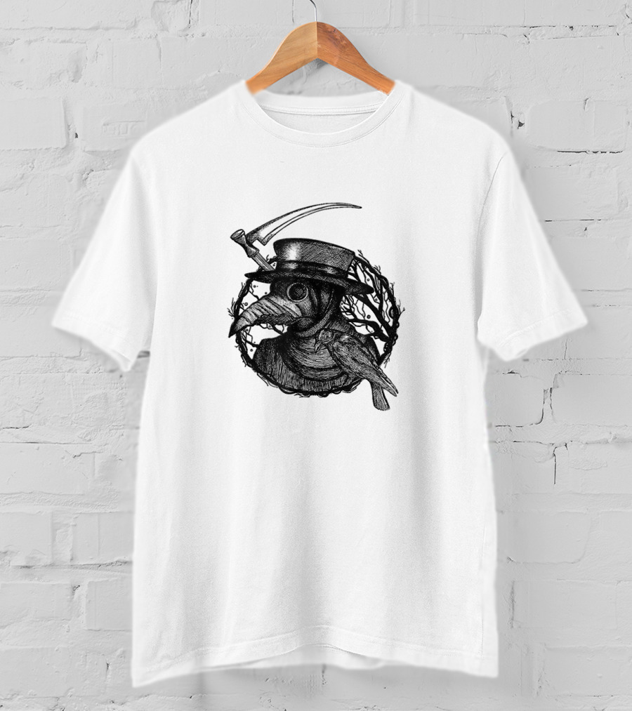 Plague Doctor Medieval Bird Mask With Scythe And Crow T-Shirt
