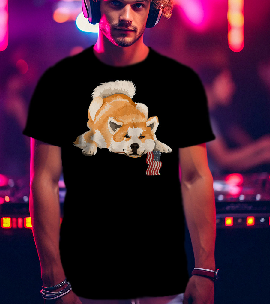 Akita Dog Lover With American Flag Motif T-Shirt