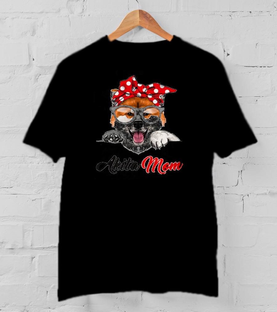 Akita Mom Funny Dog With Red Polka Dot Bow And Glasses T-Shirt