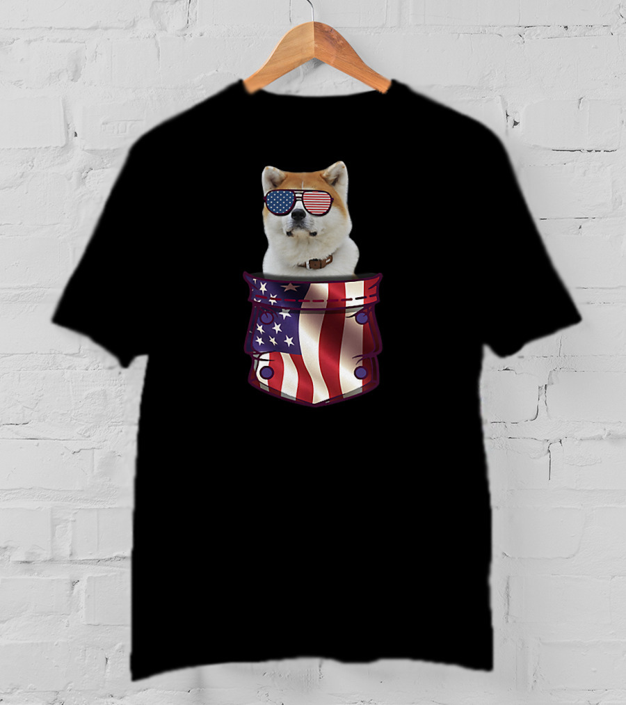 American Flag Sunglasses Akita In Pocket T-Shirt