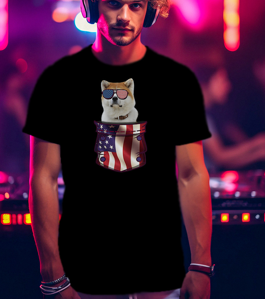 American Flag Sunglasses Akita In Pocket T-Shirt