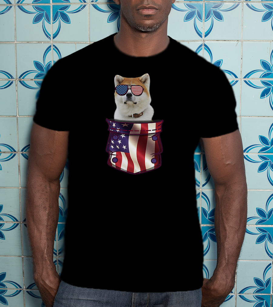 American Flag Sunglasses Akita In Pocket T-Shirt