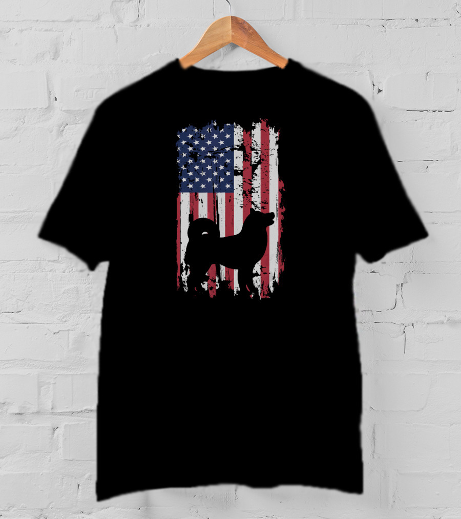 Akita Inu Silhouette Over Grunge American Flag T-Shirt