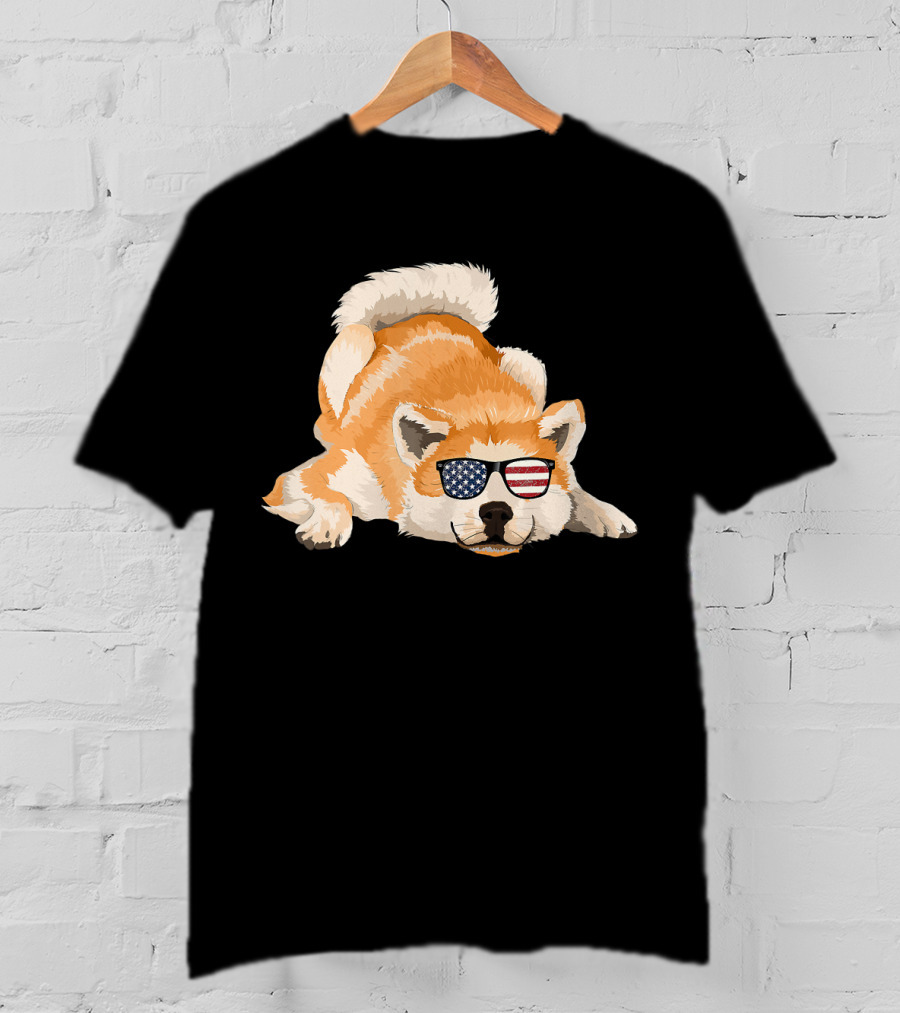 Akita Inu Wearing American Flag Sunglasses Playful Pose T-Shirt