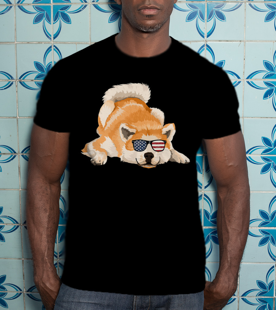 Akita Inu Wearing American Flag Sunglasses Playful Pose T-Shirt