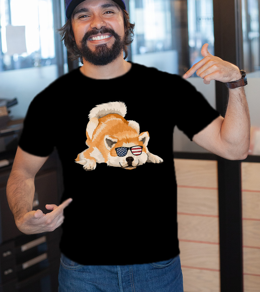 Akita Inu Wearing American Flag Sunglasses Playful Pose T-Shirt