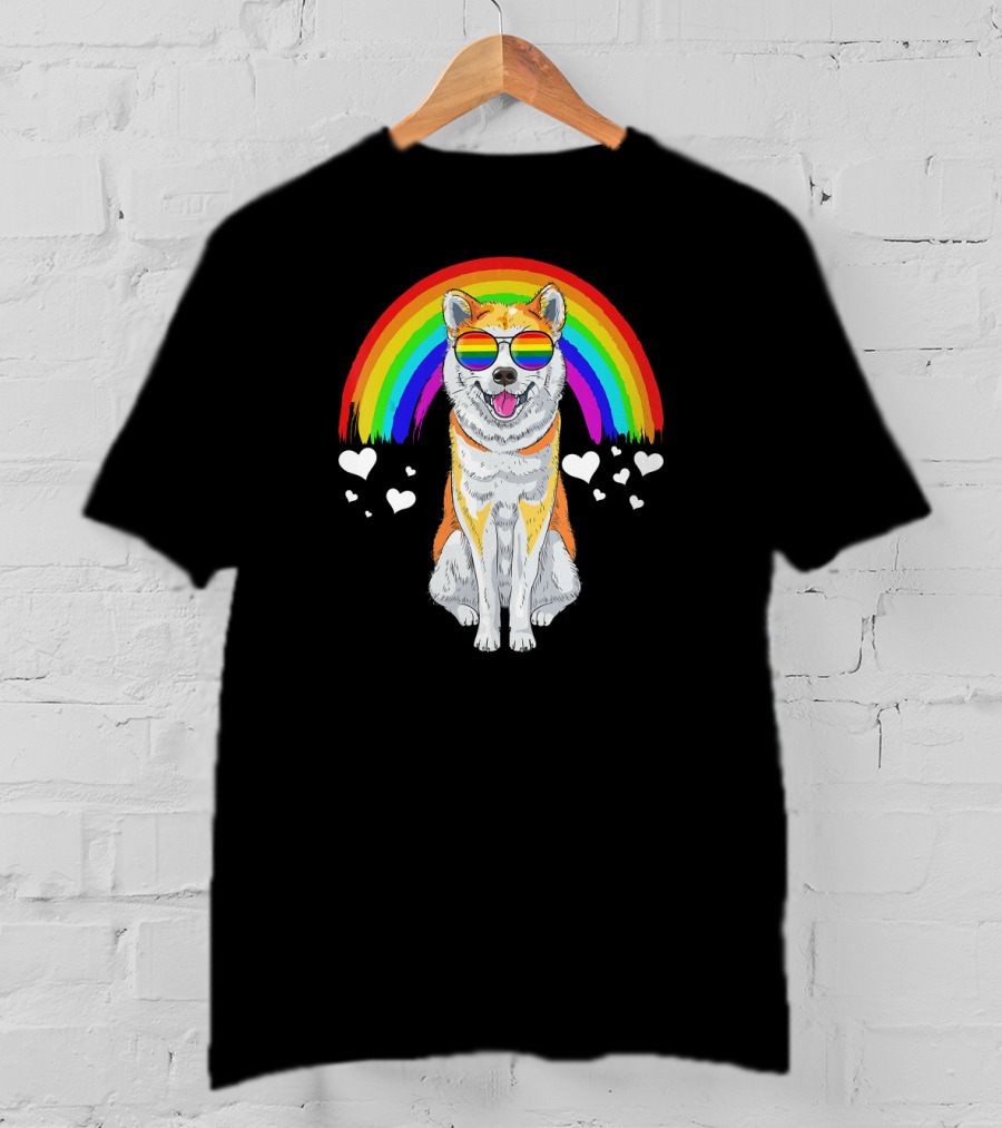 Akita Inu Rainbow Pride Sunglasses Hearts T-Shirt