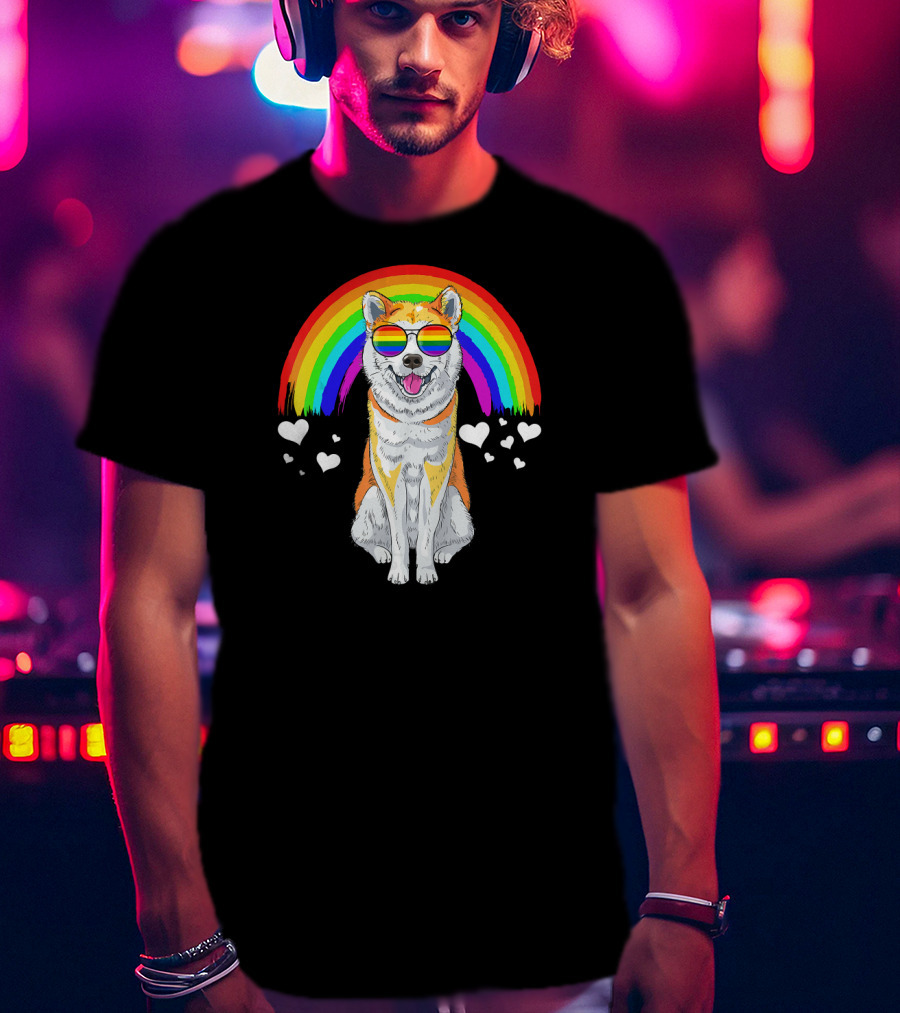 Akita Inu Rainbow Pride Sunglasses Hearts T-Shirt