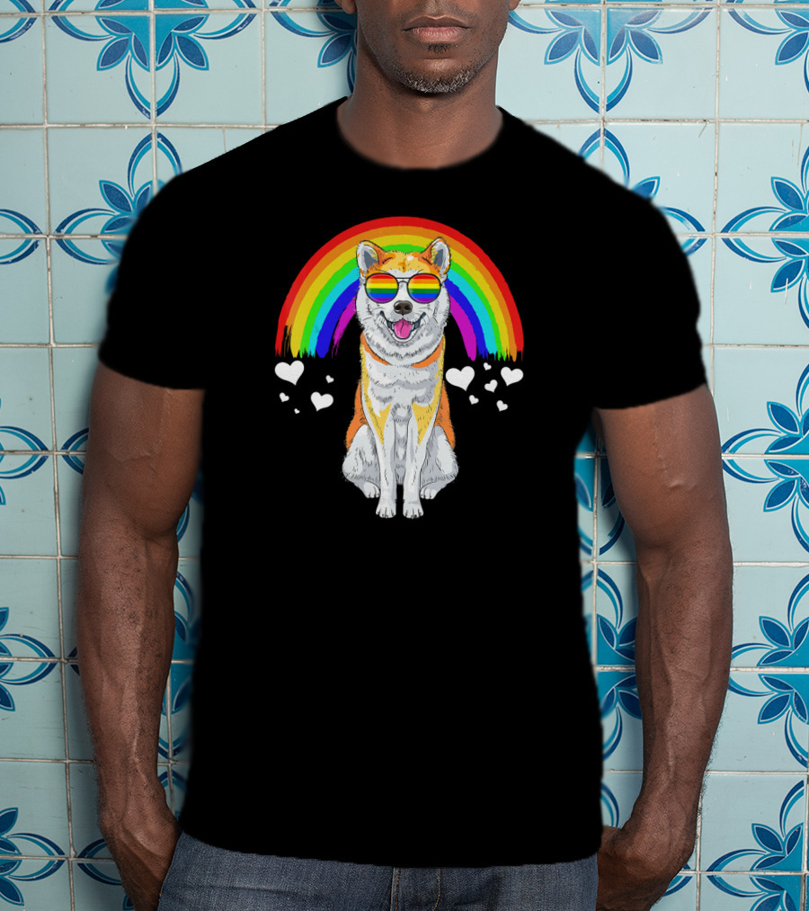 Akita Inu Rainbow Pride Sunglasses Hearts T-Shirt