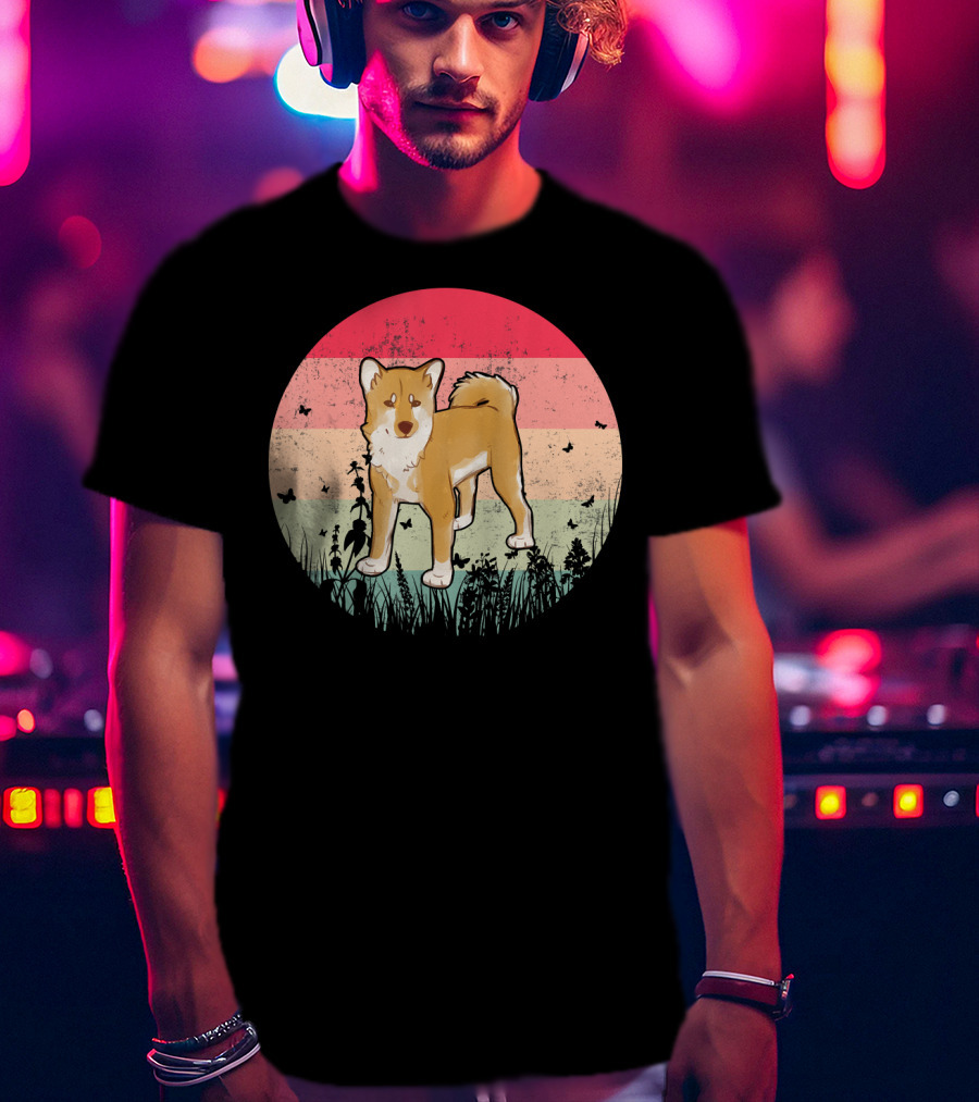 Akita Inu Vintage Retro Akit Circle Silhouette With Stripes And Butterflies T-Shirt