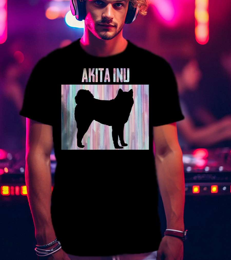 AKITA INU Silhouette On Pastel Watercolor Stripes T-Shirt
