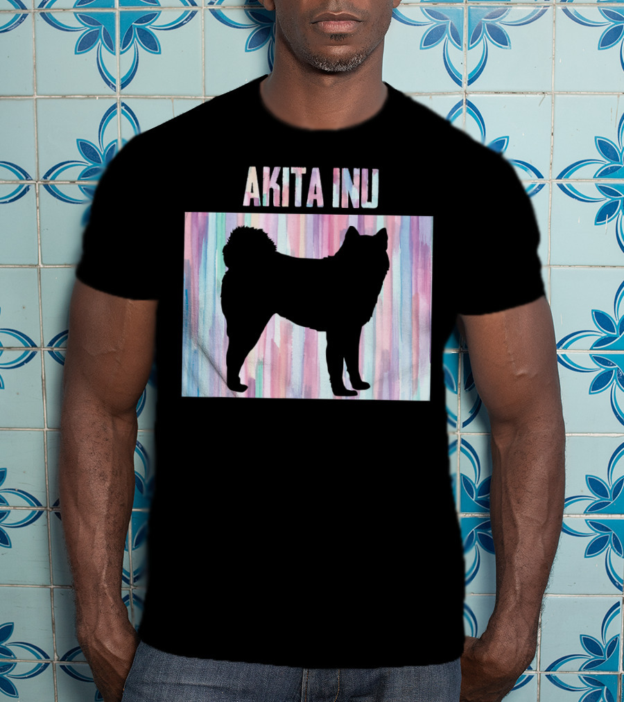 AKITA INU Silhouette On Pastel Watercolor Stripes T-Shirt