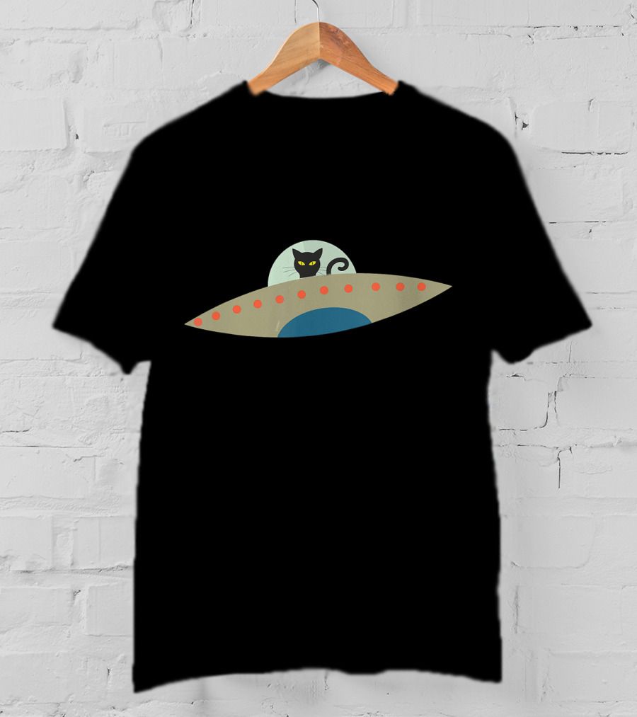Alien Cat UFO Spaceship Black Cat T-Shirt