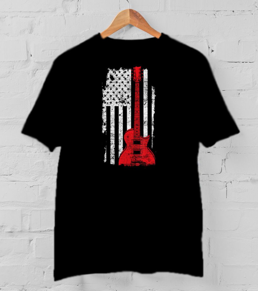 Red Guitar American Flag USA Music T-Shirt