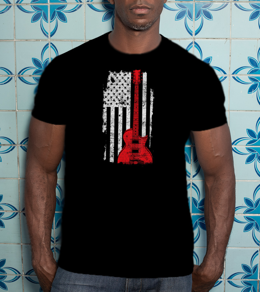 Red Guitar American Flag USA Music T-Shirt