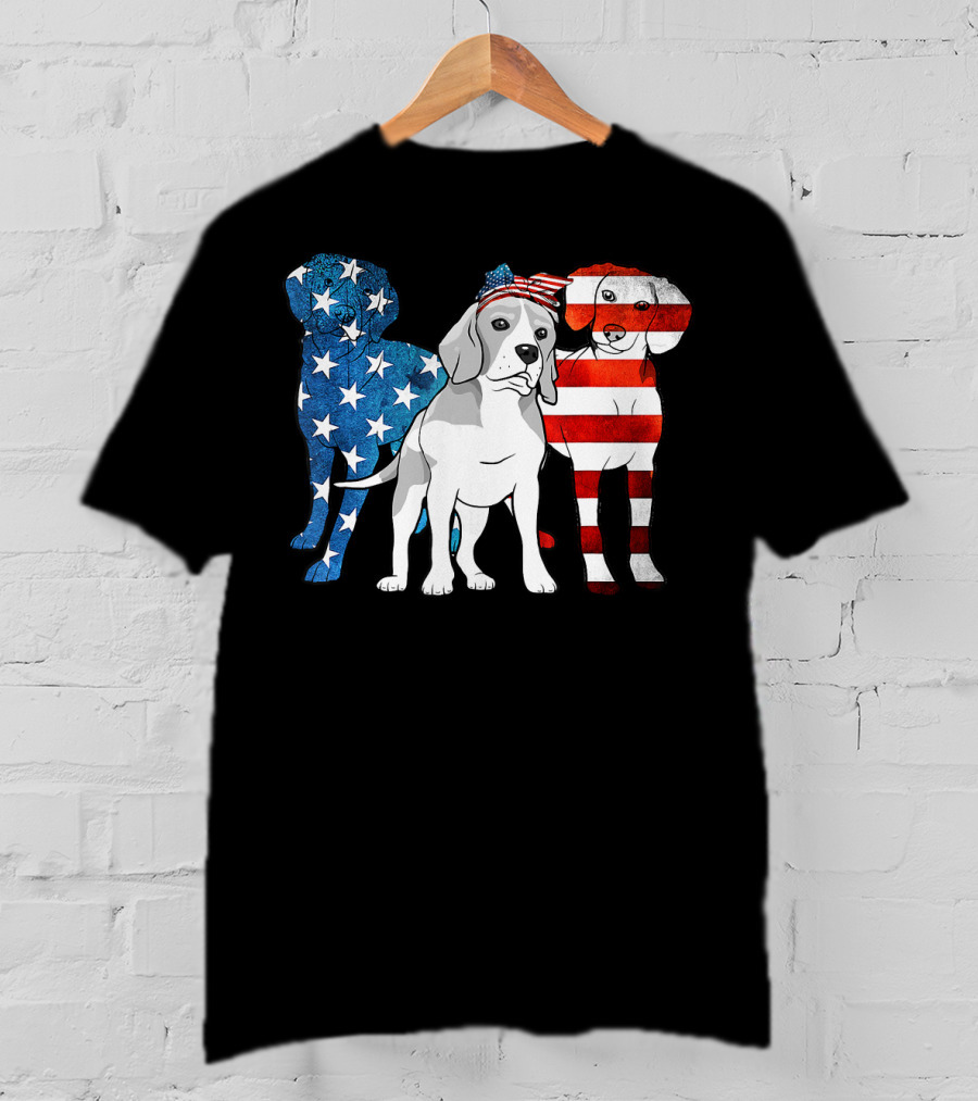 American Beagle Trio With Patriotic Stars And Stripes US Flag Motif T-Shirt