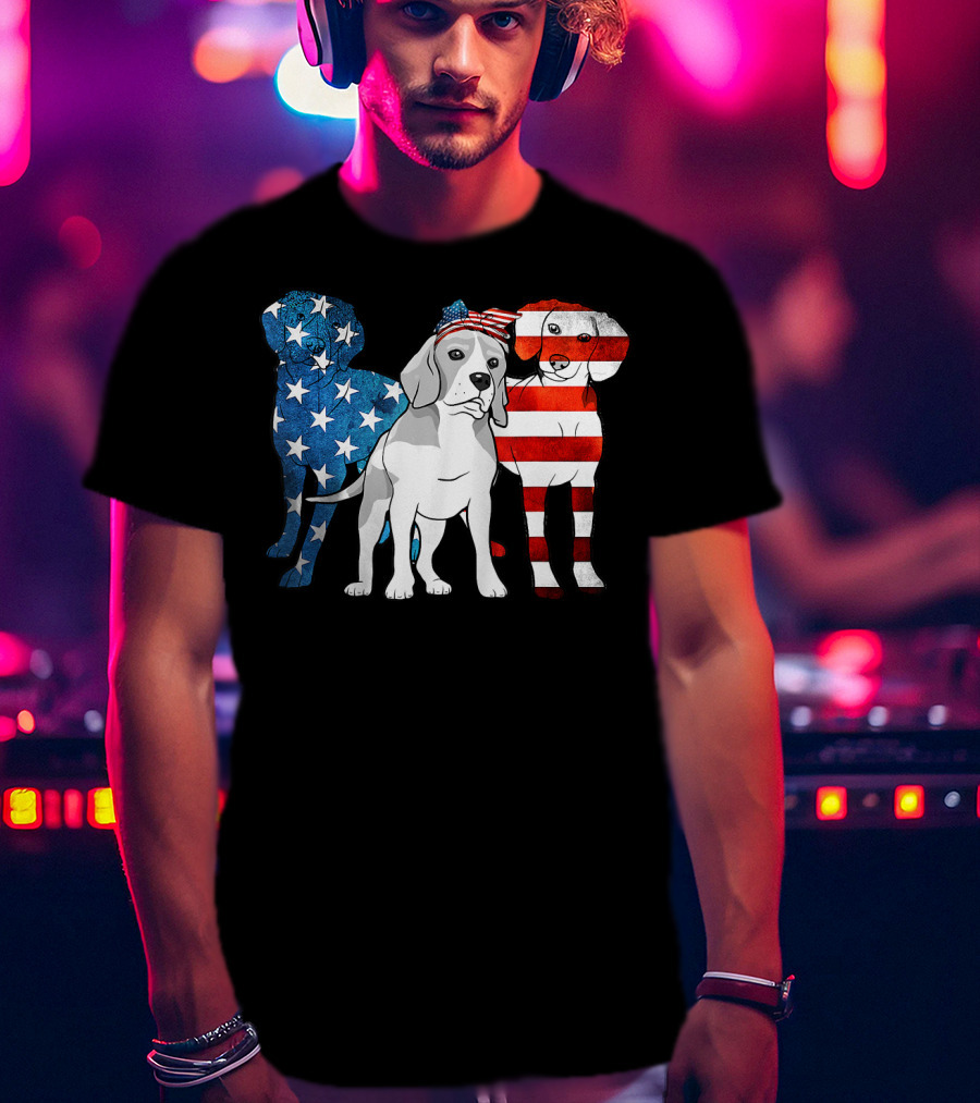 American Beagle Trio With Patriotic Stars And Stripes US Flag Motif T-Shirt