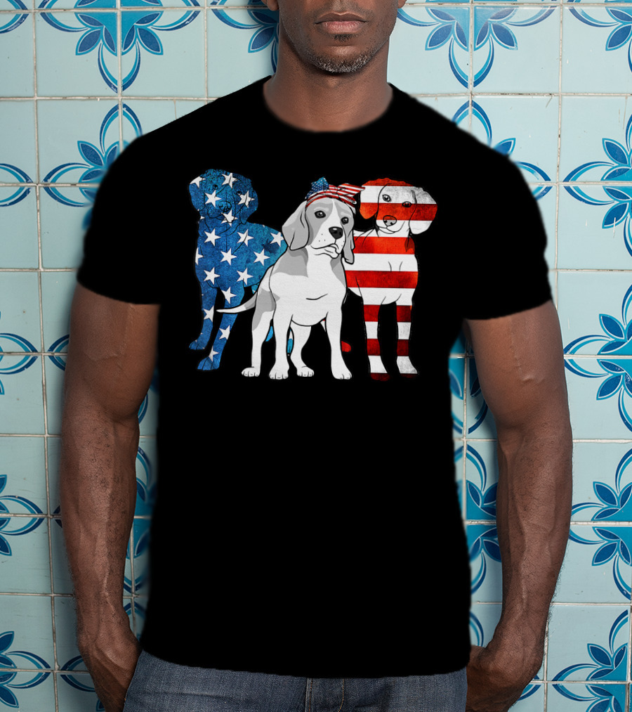 American Beagle Trio With Patriotic Stars And Stripes US Flag Motif T-Shirt