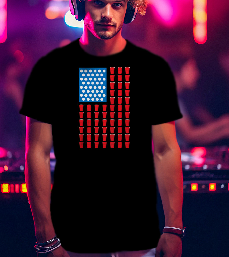 American Flag Beer Pong Red Cup Pattern Patriotic Party T-Shirt