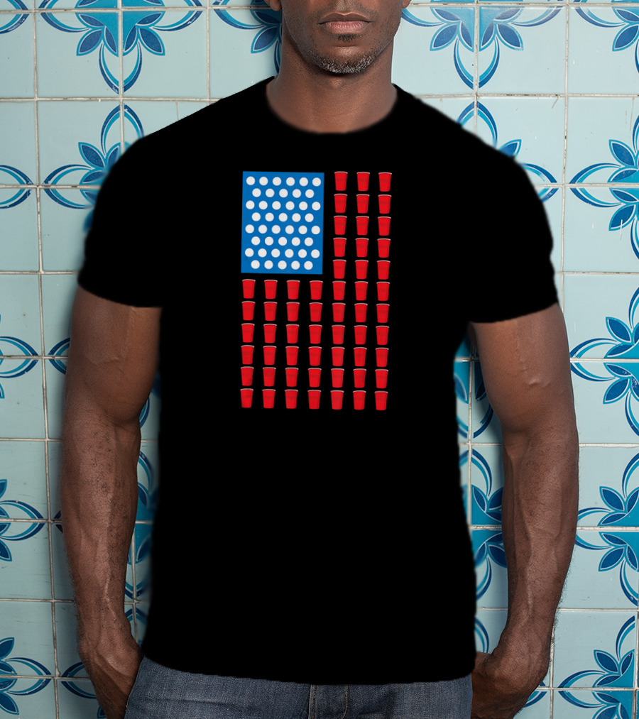 American Flag Beer Pong Red Cup Pattern Patriotic Party T-Shirt