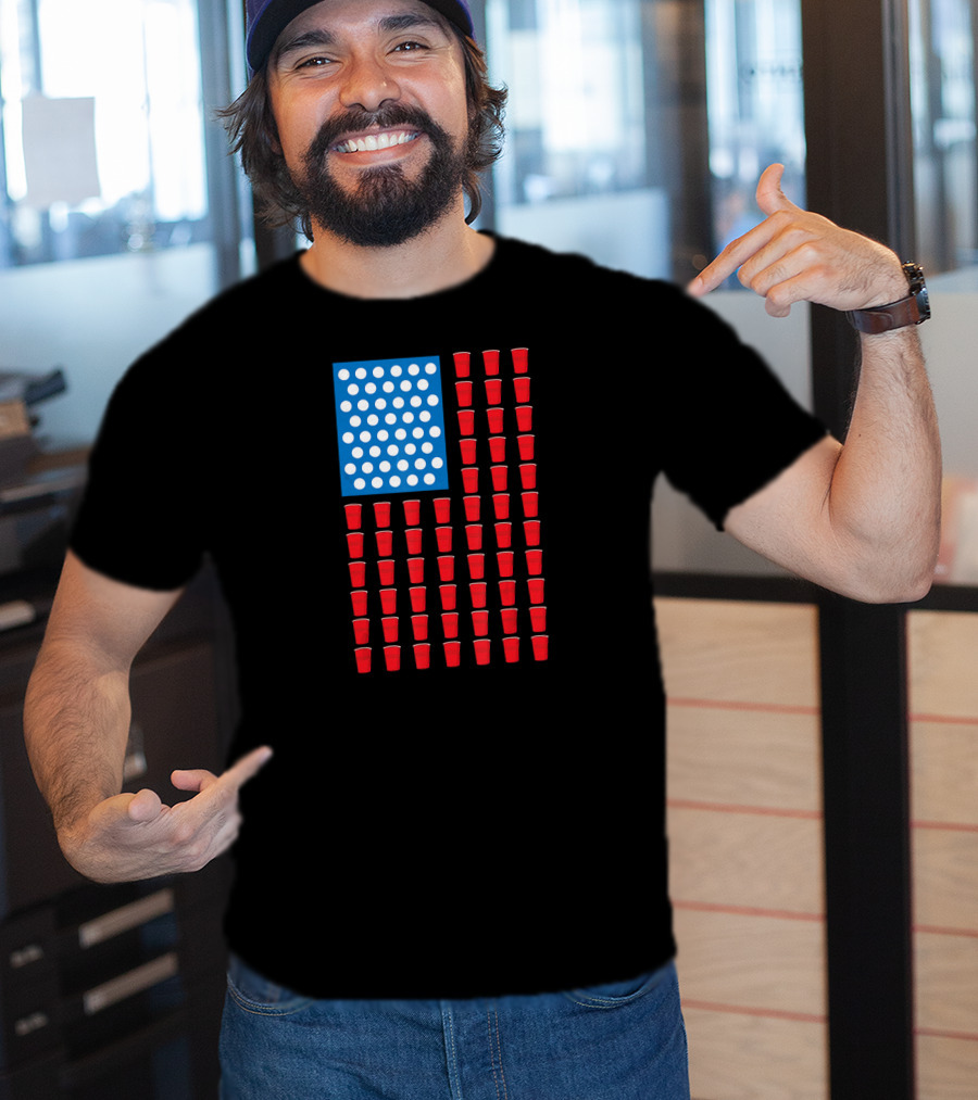 American Flag Beer Pong Red Cup Pattern Patriotic Party T-Shirt