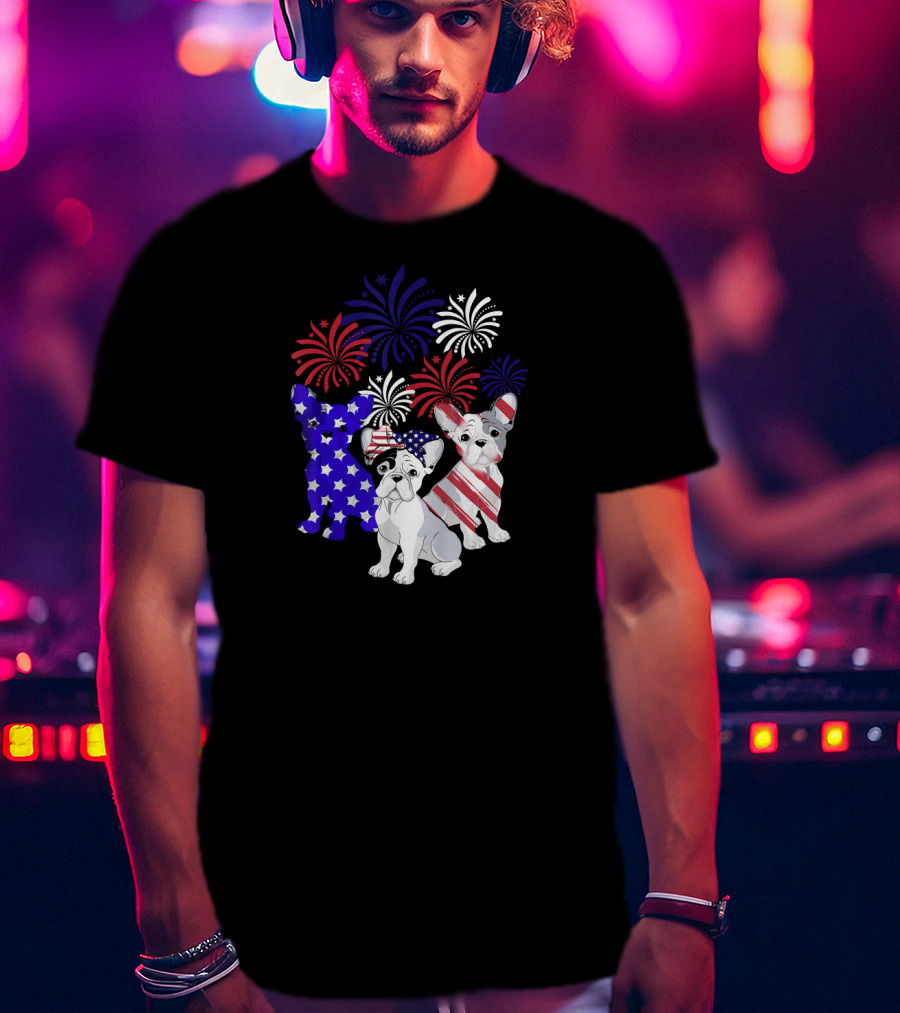 American Flag French Bulldog Fireworks T-Shirt