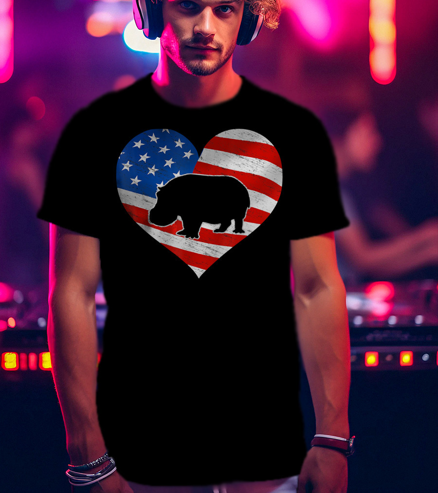 American Flag Hippo Heart T-Shirt