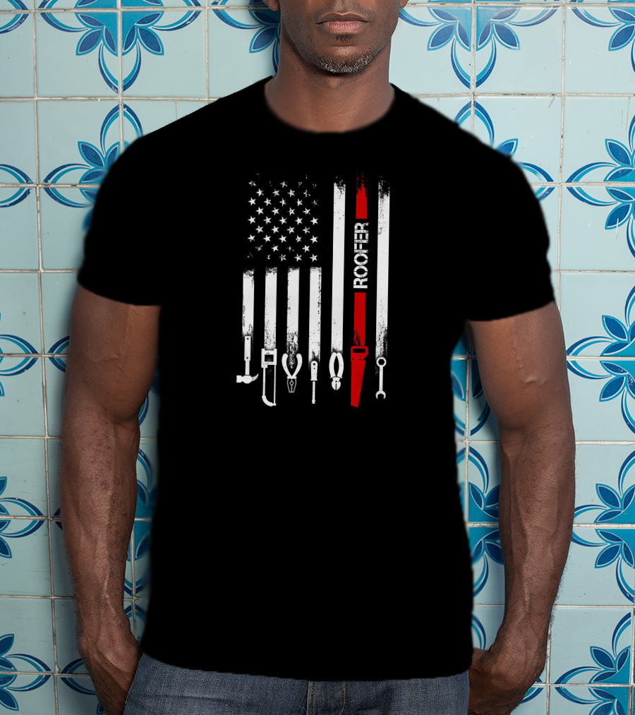 American Flag Roofer Tools Vertical Stripe T-Shirt