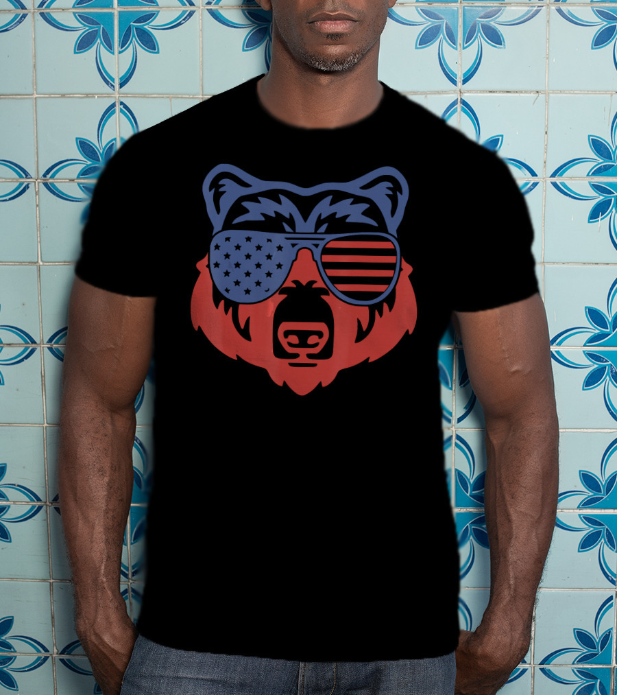 American Patriotic Bear With Flag Sunglasses T-Shirt