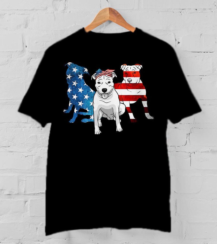 American Pitbull Trio With US Flag T-Shirt