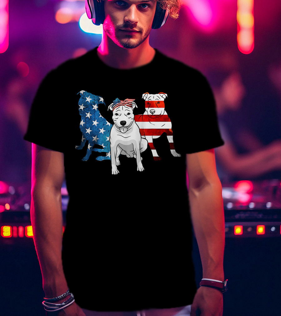 American Pitbull Trio With US Flag T-Shirt