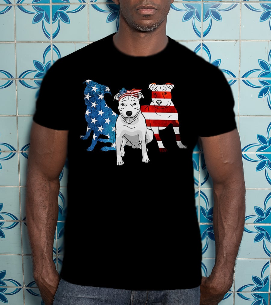 American Pitbull Trio With US Flag T-Shirt