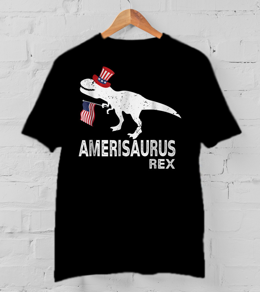 Amerisaurus Rex Patriotic Dinosaur With Uncle Sam Hat And American Flag T-Shirt