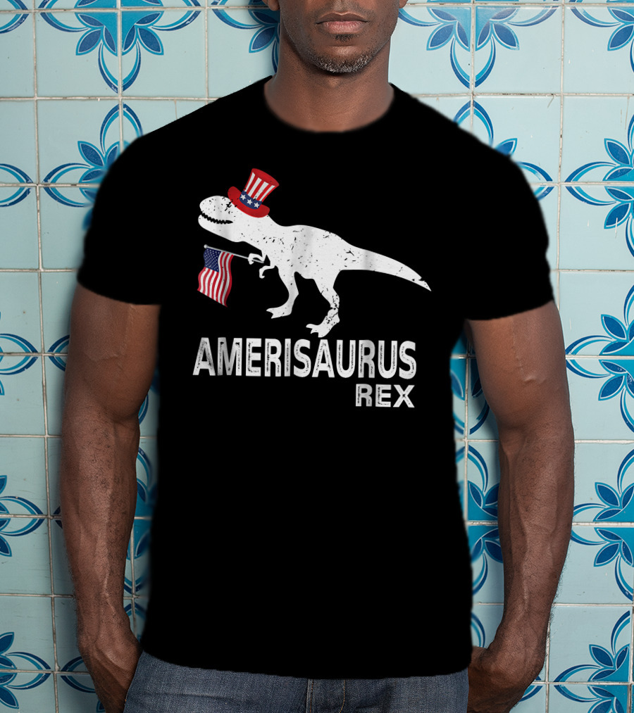 Amerisaurus Rex Patriotic Dinosaur With Uncle Sam Hat And American Flag T-Shirt