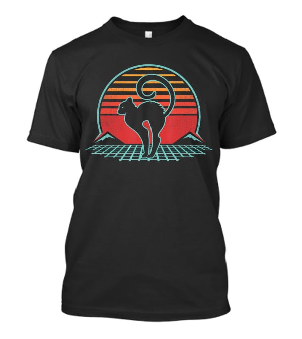 Angry Hissing Cat Retro Vintage 80s Sunset Grid T-Shirt