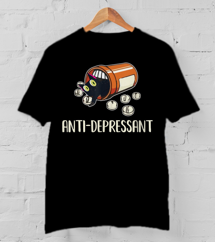 Anti-Depressant Funny Black Cat In Pill Bottle T-Shirt